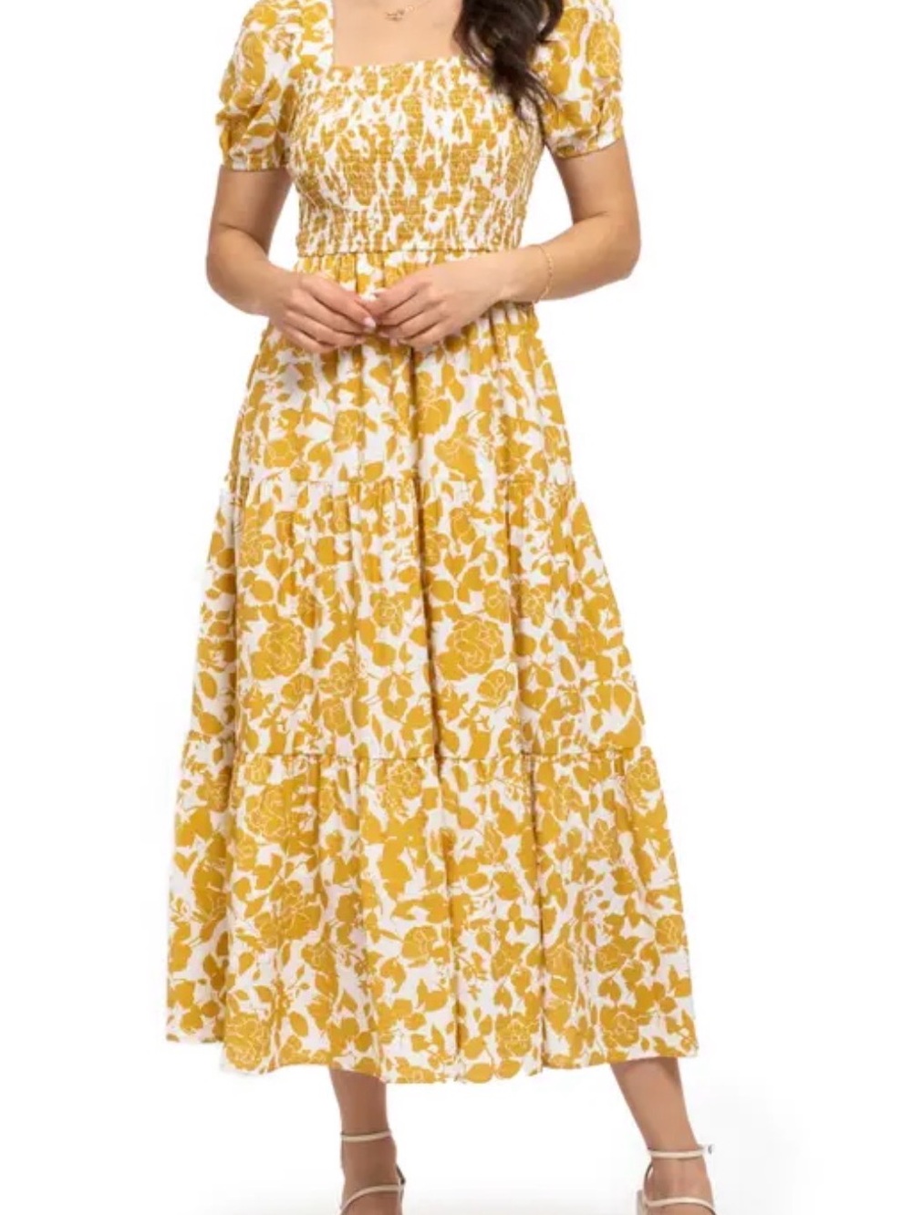 August Sky Smocked Square-Neck Midi Dress in Yellow Floral size M